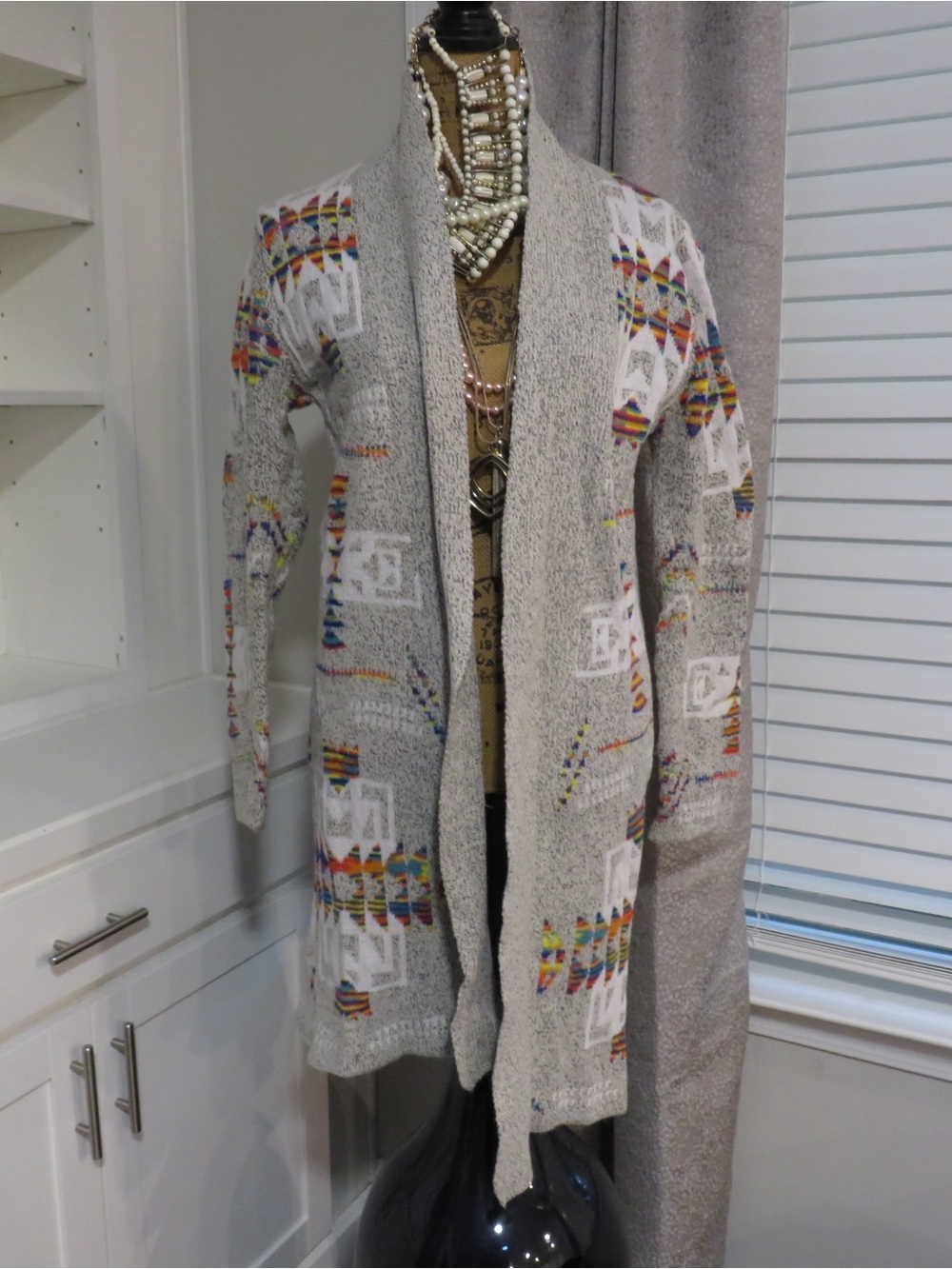 Long Open-Front Ivory Geo-Accent Cardigan Sweater